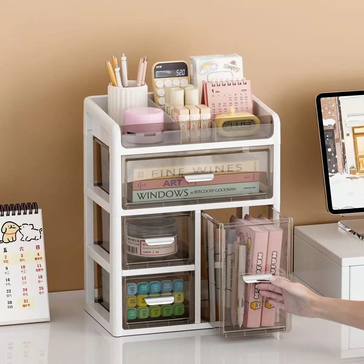 Desktop Storage Box Organizer, Large Capacity Drawer Style Office Multi-Functional Stationery & Miscellaneous Storage Container, Minimalist Drawer Tower, Desk Cabinet