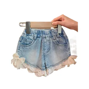2024 Girls Cotton Plain Casual Shorts Summer Fashion Lace Accents Bow Detail Girls' Summer Shorts with Bow Girls Daily Wear Cotton Shorts
