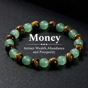 Money Attraction Bracelet with Green Aventurine & Tiger Eye, Money Attraction Amulet with Elastic Adjustable Size, Green Aventurine, Tiger Eye Crystal Charms, Solid Unscented Prosperity Jewelry for Birthday, Anniversary #SummerVibes