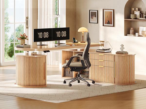 SEDETA 57 Inch L Shaped Standing Desk with Storage Electric Height Adjustable Curved Executive Desk Fluted Desk with Drawers & Power Strip for Home Office