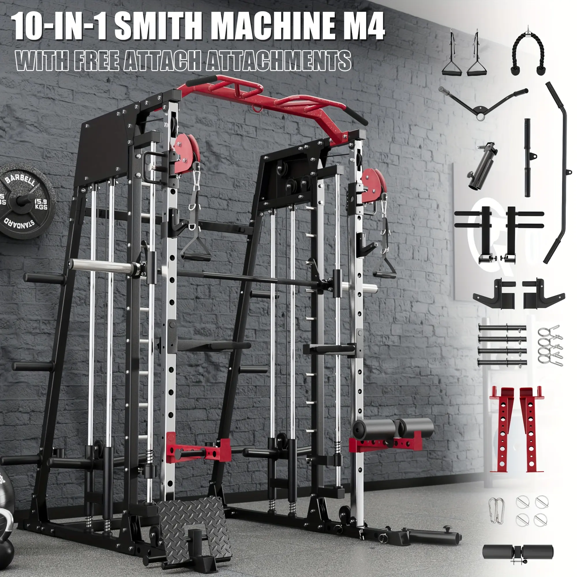 Home Gym with a Smith Machine, Featuring a 2200 Lbs Power Rack Cage, Cable Crossover, Weight Bar, 360° Landmine, Barbell Holders, And Various Attachments for Comprehensive Body Strength Training