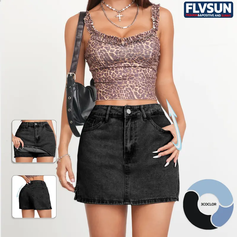 FLVSUN Women's Solid High-Waisted Denim Skorts - A-Line, Side Slit, Button Fly, Fitted Mini Bottom for Casual, Thanksgiving, Easter Wear
