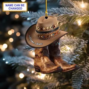 Custom Name Cowboy Boots And Hat Personalized Ornament, Christmas Tree Hanging Decor, Christmas Ornament Gift, Flat 2D Ornament, Boot Stockings