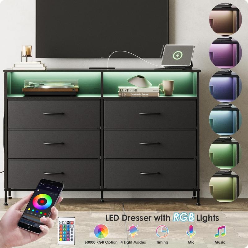 6 Drawer Dresser for Bedroom with LED Lights and Charging Station, Modern Wood Dressers with Extra Side Bag, Double Wide Drawer Cabinet TV Stand for up to 60" TV for Living Room (Black)