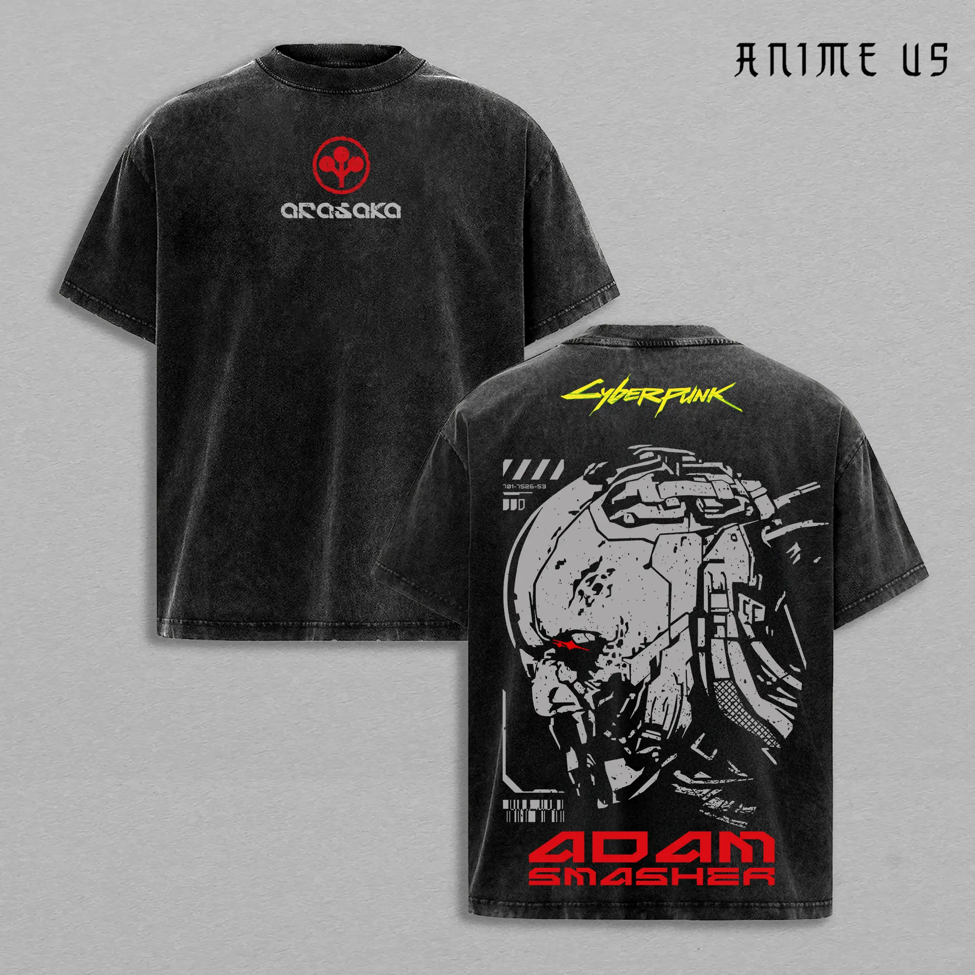 Adam Smasher Cyberpunk Edgerunners Graphic Tee, Chrome Skull Cyber Villain Oversized Washed Cotton Techwear Shirt