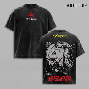 Adam Smasher Cyberpunk Edgerunners Graphic Tee, Chrome Skull Cyber Villain Oversized Washed Cotton Techwear Shirt