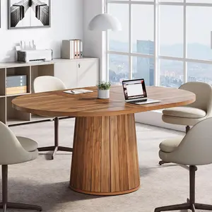 LITTLE TREE Oval Conference Table, 55.11 Inches Wood Meeting Table for 6 People, Rustic Meeting Seminar Boardroom Table with Wood Base for Office Conference Room (Brown)