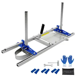 Professional Chainsaw Mill 14"-48 Portable Lumber Cutting Guide with Chrome Frame, Blue Bracket, 2 Pairs of Wedges, Acrylic Plate, Scale Mark, Gloves & Tool Kit for Builders & Woodworkers