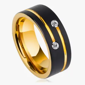 8mm Black Stainless Steel Ring for Men with Rhinestone, Jewelry Gift Wedding Ring, Engagement/Party Ring