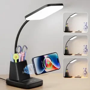 Sailstar LED Desk Lamps for Home Office with Wireless Charger, Stepless Dimmable, 3 Color Modes, Black Study Lamp for College Dorm Room, Touch Control, Pen Holder, CRI 90, 800 Lumen, Adapter Included
