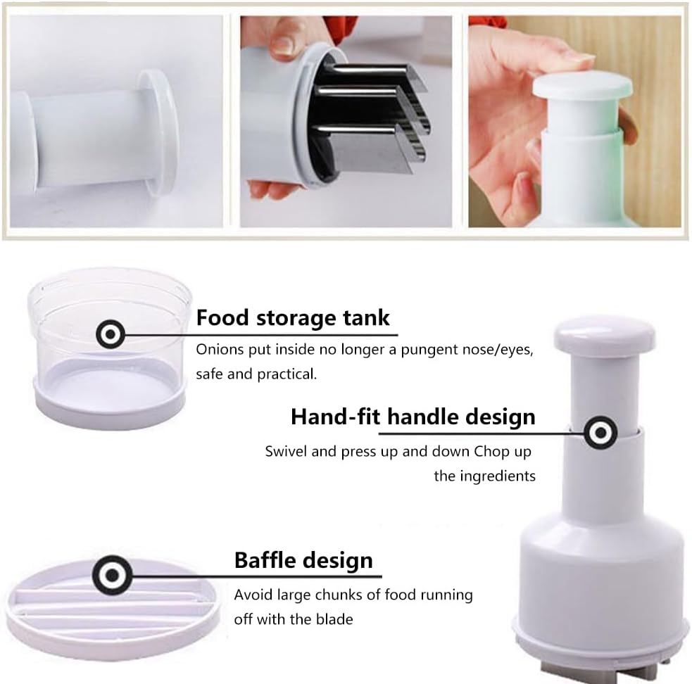 Manual Vegetable Chopper with Container, Handheld Food Cutter for Garlic, Nuts, and Vegetables, Stainless Steel Blades (White, 22.86 x 9.91 cm / 9 x 3.9 in)