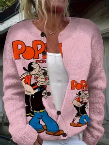 Women's Long Sleeve Sweater, Casual Knitted Design, Cute Anime Character Print, Trendy Young Fitted Style, Perfect for Daily Wear