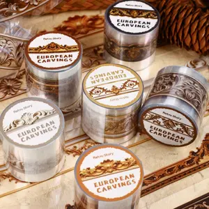 6 Rolls European Carved Series Pet Tape Vintage Gold Foil Edge Decoration for Scrapbooks Journals DIY Crafts Handmade Crafts