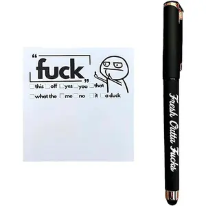 Fresh Outta Fucks Pad and Pen Funny Sticky Notes and Pen Set White Elephant Gift Novelty Pen Funny Desk Accessory Fun Gifts for Friends (Black) Sarcastic Snarky Personality