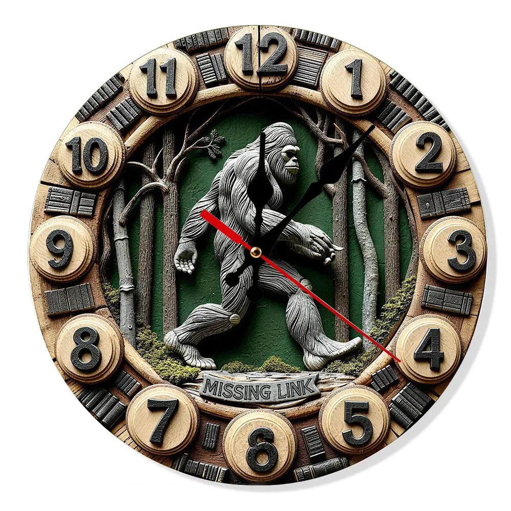 Bigfoot Sasquatch Wooden Wall Clock 10/12 Inch Silent Non Ticking Pixel Art Rustic Cabin Decor Battery Operated
