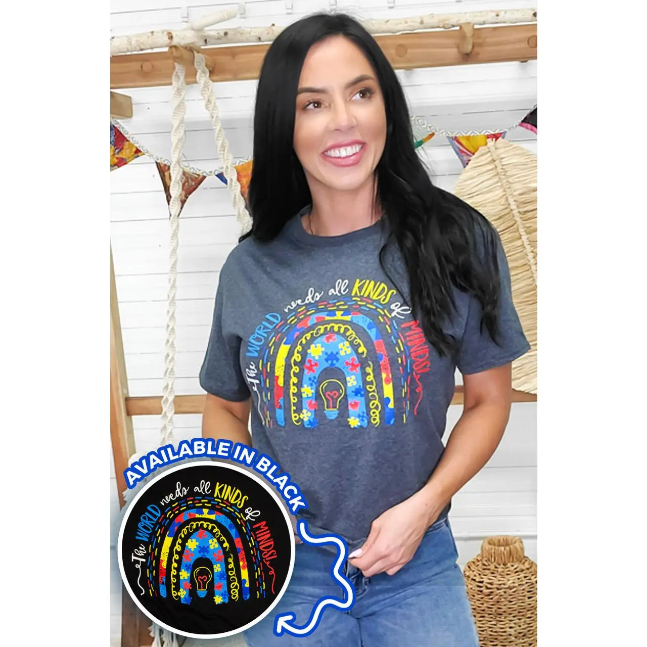Tees2urdoor Women's Colorful Puzzle Arches Graphic T-Shirt, Fitted Round Neck, Soft Cotton-Poly Blend for Autism Awareness