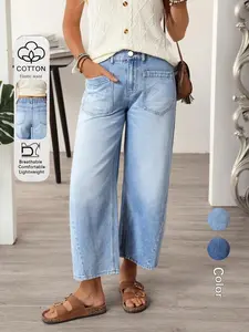 Women's Casual Street Patchwork Pocket Loose Wide Leg Jeans，Baggy Loose Summer Jeans, Perfect for All Seasons & Casual Occasions