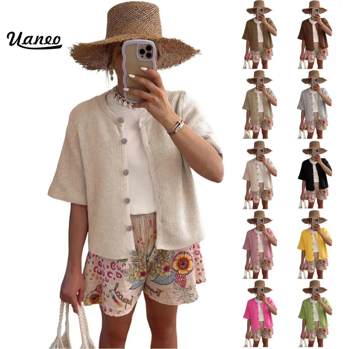 UANEO Women's Cardigan Knit Sweater Solid Crew Neck Button Down Soft and Lightweight Breathable Shrug for Casual Work Office Cover Up Versatile Summer Fall Layering Basics Vacation Outfits