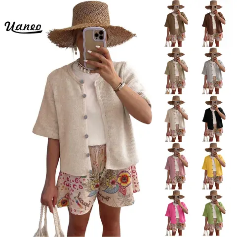 UANEO Women's Cardigan Knit Sweater Solid Crew Neck Button Down Soft and Lightweight Breathable Shrug for Casual Work Office Cover Up Versatile Summer Fall Layering Basics Vacation Outfits