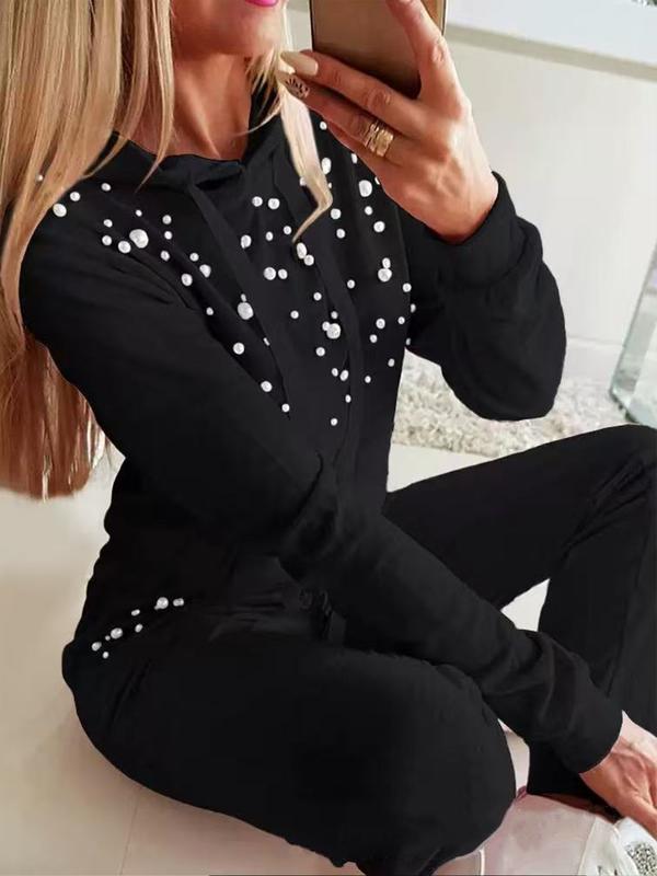 Two piece women's Korean casual black hoodie and pants set, suitable for autumn and winter, suitable for home, indoor, and outdoor wear