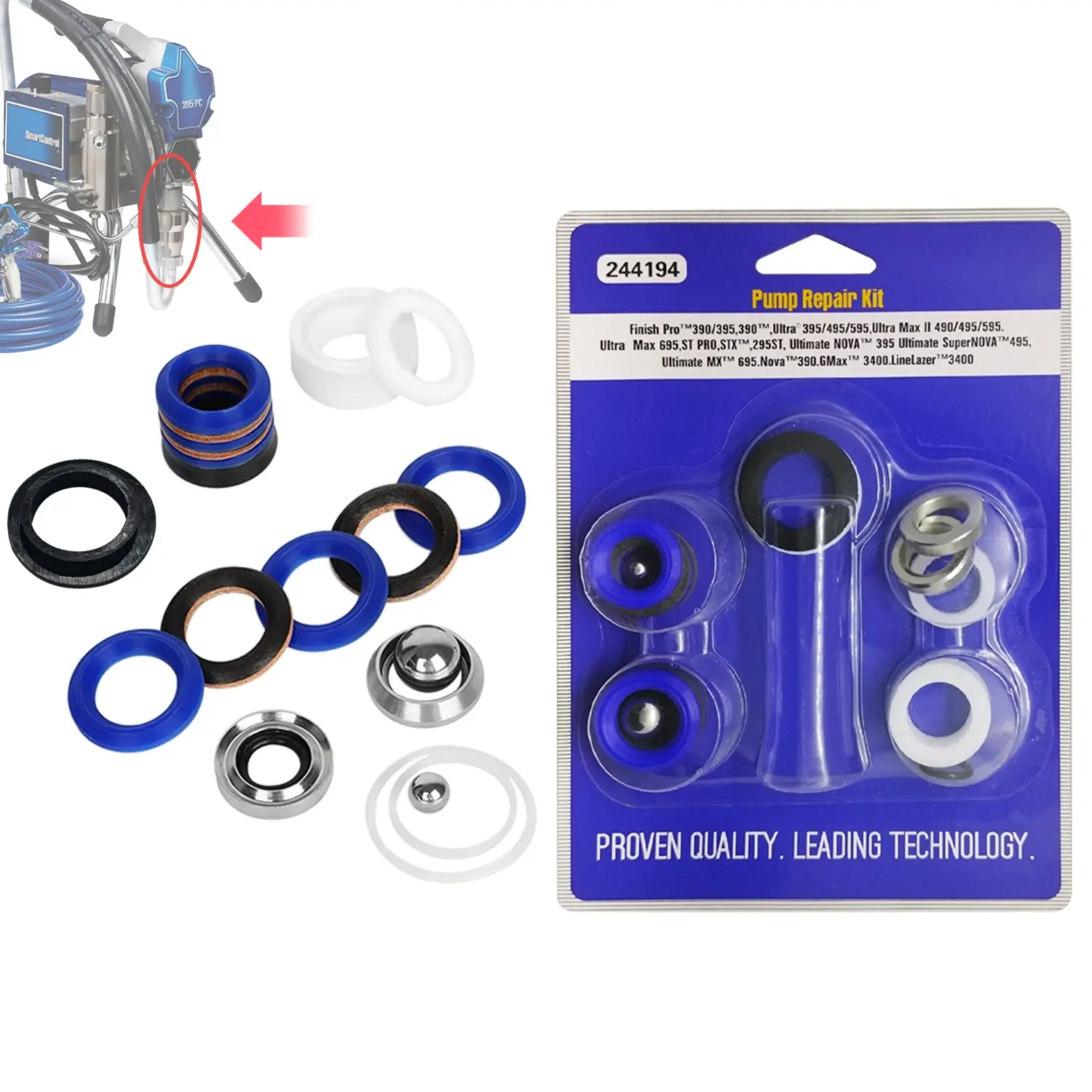244194 Pump Repair Kit for Graco Airless Paint Sprayers, Compatible with Models 210, 230, 295, 390, 395, 490, 495, 595, 3400