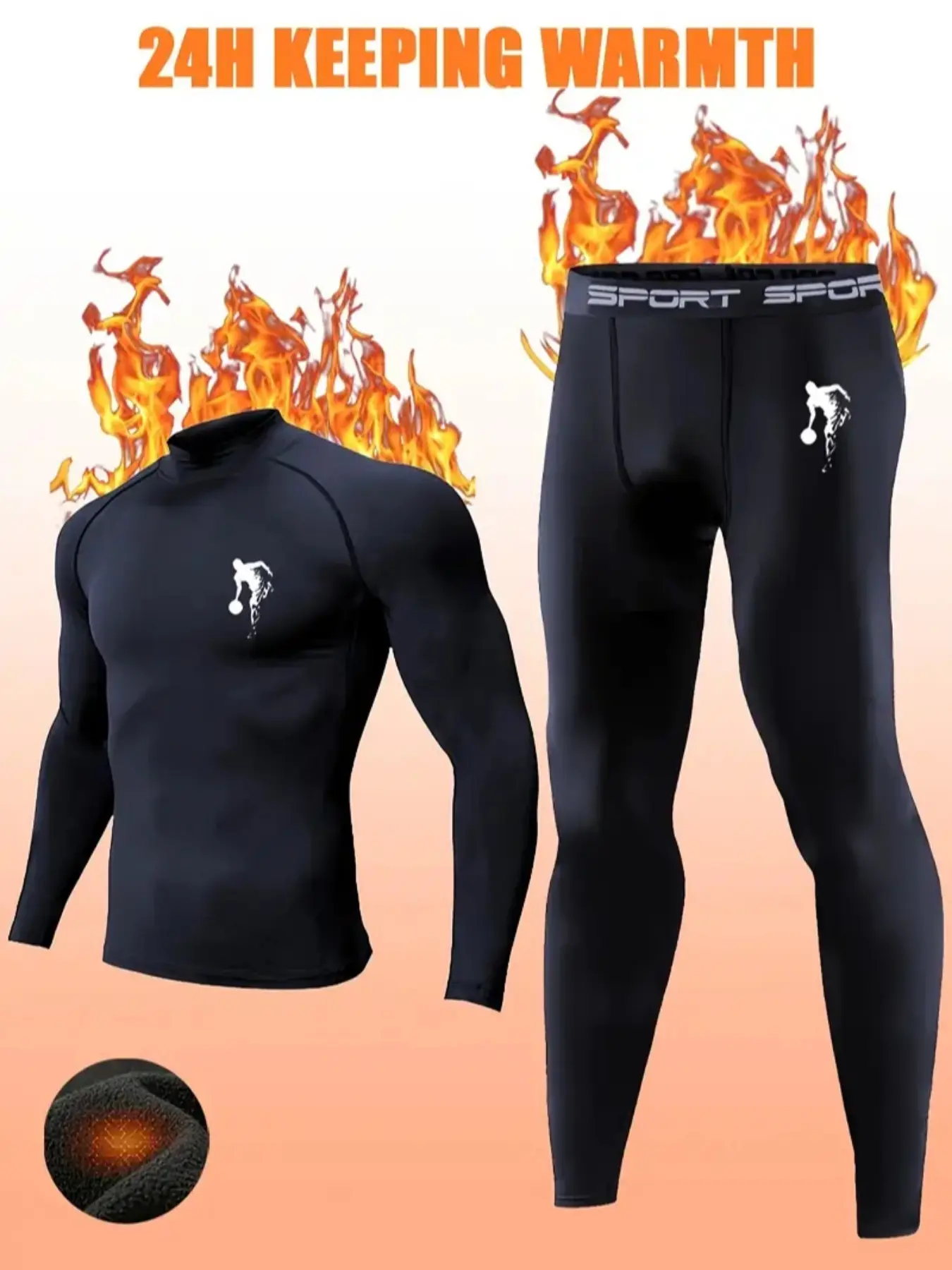 2PCS Men’s Compression Sportswear Set – Basketball Print Long Sleeve & Pants, Solid Color, Stand Collar, High Stretch Knit, 190gsm Polyester for Cycling, Running & Fall/Winter Training