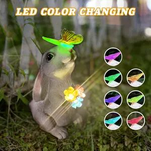 Solar Outdoor Decor Animal Garden Statue Light Outside Decorations Resin Rabbit Figurines Ornaments Light up for Patio Yard Front Door Bunny Rabbit Lamp Easter Decor Christmas Gifts, 7 Color Changing Light