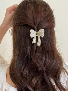 Elegant Faux Pearl Decor & Textured Metal Decor Hair Claw, Bow-shaped Hair Claw, Fashion Butterfly Design Hair Accessories for Women & Girls, Ponytail Claw Clip, Butterfly Clips