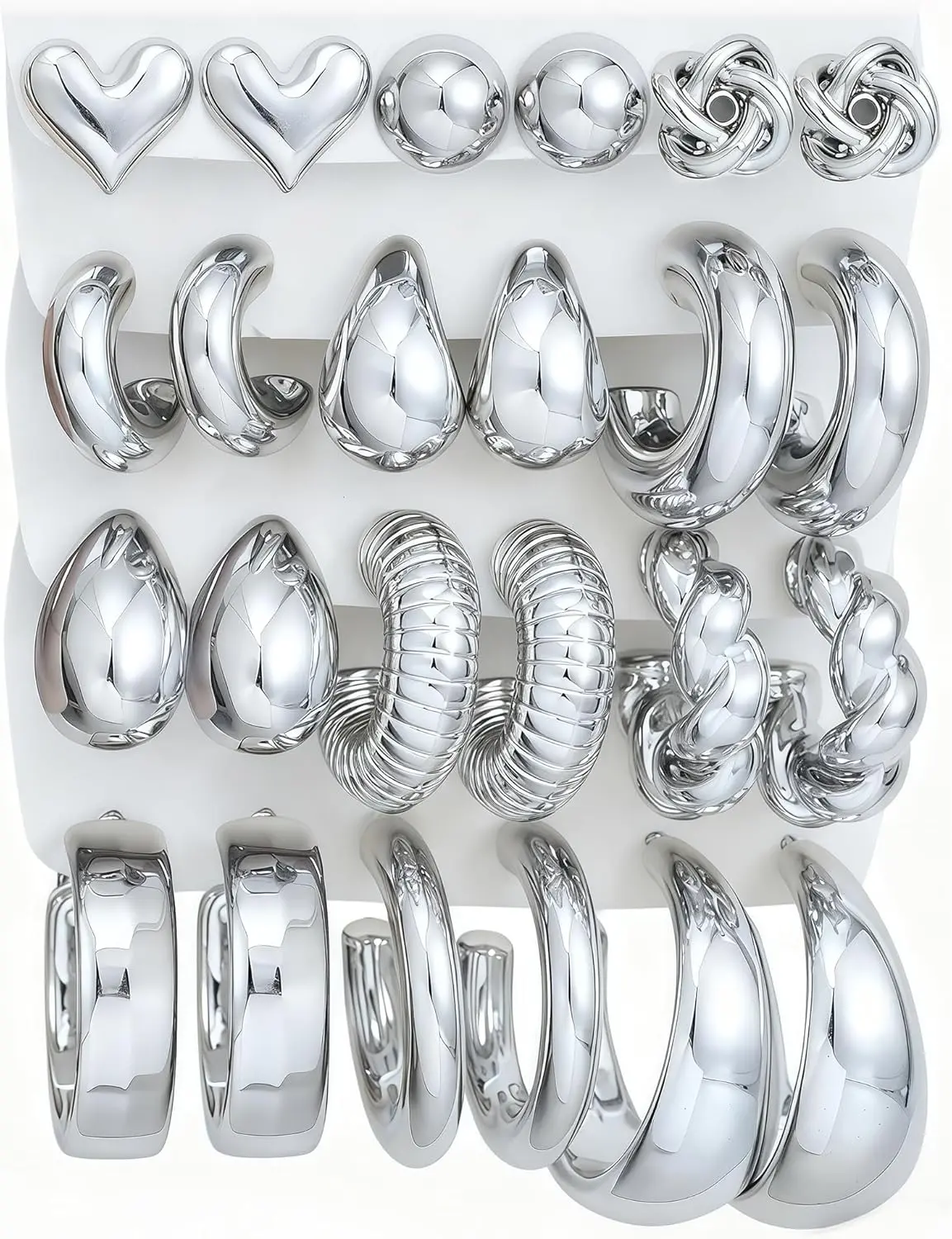 12 Pairs Chunky Silver Hoop Earrings for Women Trendy, Silver Plated Lightweight Thick Open Twisted Stack, Non Tarnish Huggie Hoops Earring SetGift.