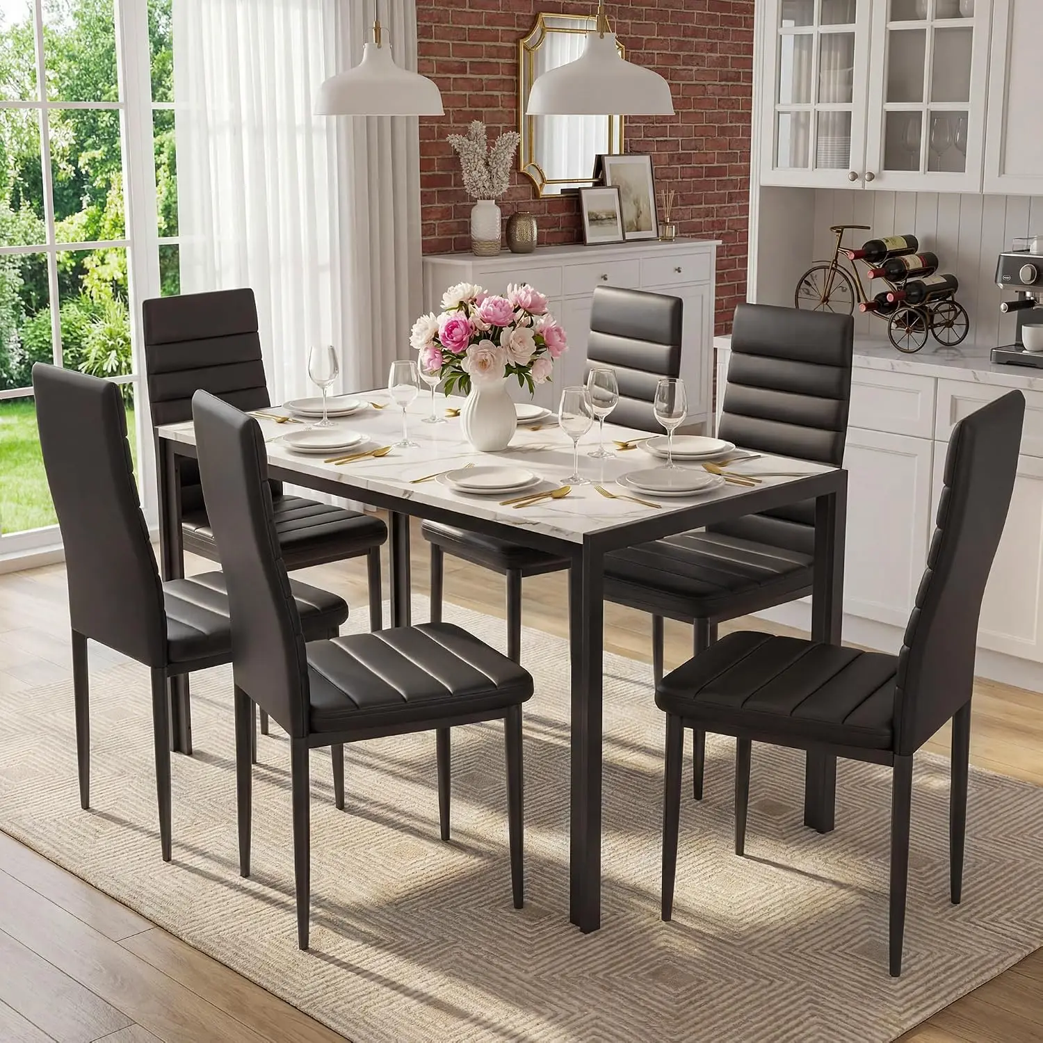 7-Piece Dining Table Set for 6, Kitchen Table and Chairs with Faux Marble Top, PU Leather Chairs, Sturdy Steel Frame, Space-Saving Dining Set for Dining Room , Kitchen, Small Space Furniture