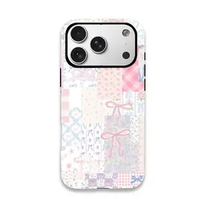 This durable, shock-absorbing, glossy 2-in-1 phone case features a bow-pattern patchwork design and is compatible with iPhone 17, 16, 15, 14, 13, 12, 11, X, and Samsung models. It makes a great holiday gift for friends or family.