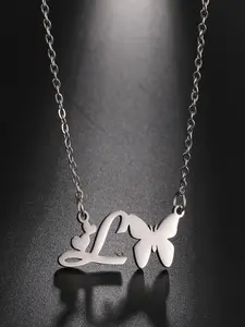 [Stylish Stainless Steel Letter Necklace] Stylish And Minimalist Stainless Steel Necklace With 26 Letters, Peach Heart And Butterfly Design