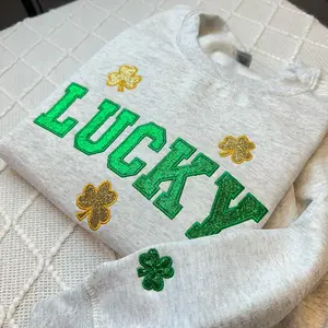St. Patricks Day Lucky Glitter Embroidered Sweatshirt with sleeve embroidery