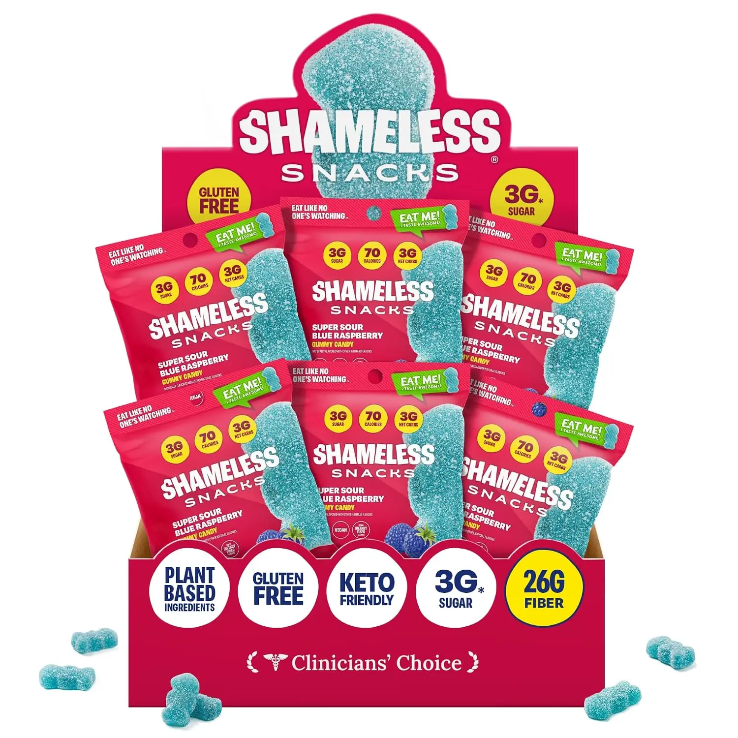 Shameless Snacks Super Sour Blue Raspberry Gummy Candy (6 Pack) | Low Sugar, Low Carb Keto Fruit Snacks, Vegan, Gluten Free for All