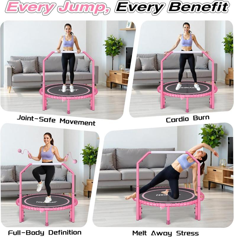 JoySpot 450 LBS Foldable Trampoline, 40 inch Indoor Fitness Rebounder with U-Shape Adjustable Foam Handle, Quiet Bungee Jump System & Cordless Jump Ropes, Indoor fitness, Outdoor fitness, Yoga, Valentine's gift, for Adults