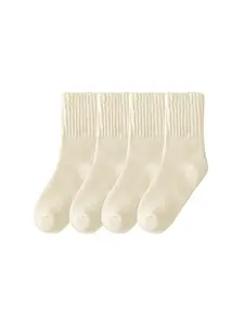 4 Pairs Clean White Winter Socks for Women, Thick Knit Mid-Calf Socks, Soft Full Terry, Knitted, Fresh Look for Casual & Sporty Style, EU36-40