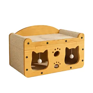 2 in 1 House & Scratch Board, 1 Set Wooden Bed with Scratcher, Durable Double Layer Bed, Pet Furniture for Indoor Spacious cool cat stuff cozy cat bed cat scratcher indoor cat accessories cat toys cat accessories