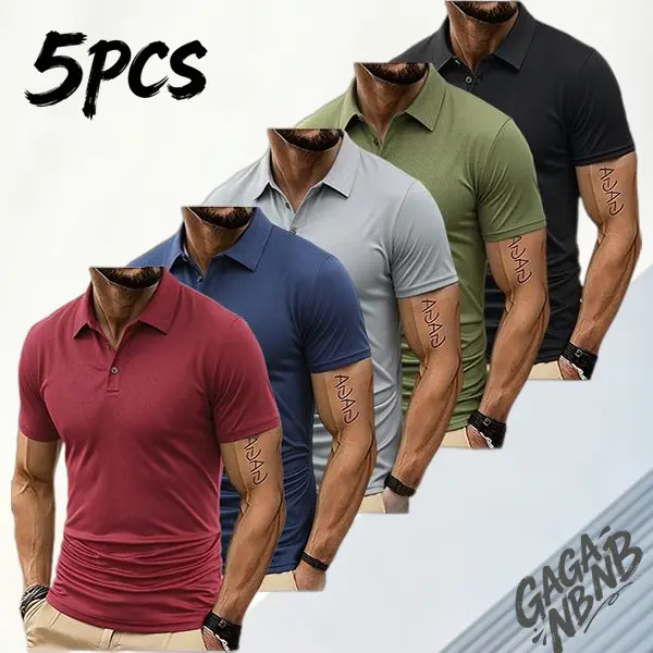 Men's 5-Piece Plain Colorblock Polo Tops Set - Casual Short-Sleeve Quick-Dry Athletic Apparel with Contrast Piping, Breathable Fabric for Golf, Tennis