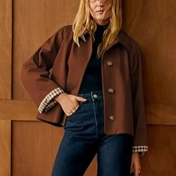 Woman's Chic Cropped Trench Coat Plaid Cuffs Long Sleeve Button Down Jacket Fall Back to School Fashion