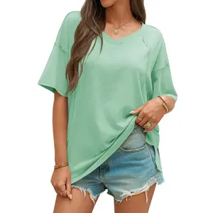 Imily Bela Summer Simple Style Womens Oversized Short Sleeve Casual V Neck Tunic Tops Loose Fit Side Split Basic T-Shirts