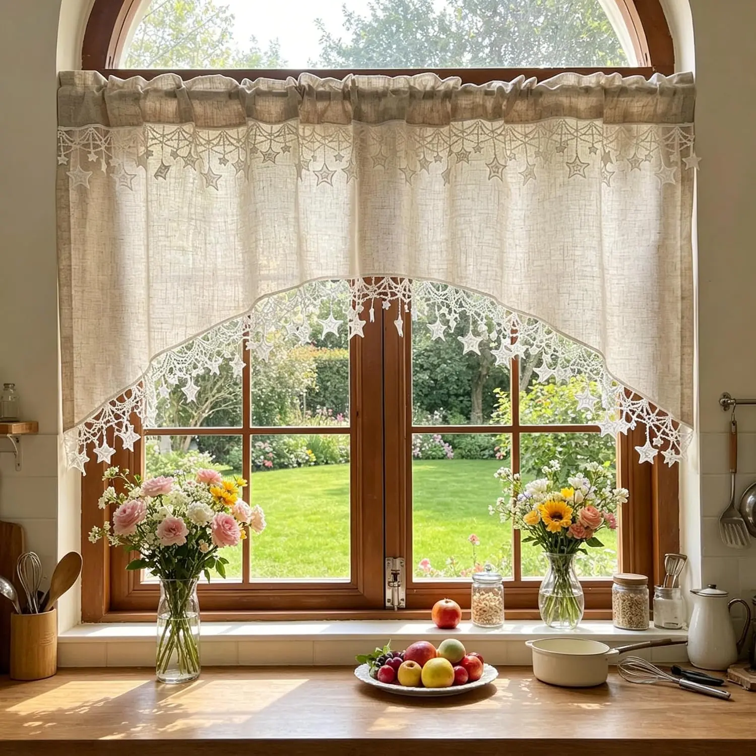 1 Panel Boho Style Beige Arched Linen Cafe Curtain Valance with Stars Trim Elegant Linen Swag Doorway Curtain Tier for Kitchen Bathroom Bedroom Hallway Rod Pocket Top