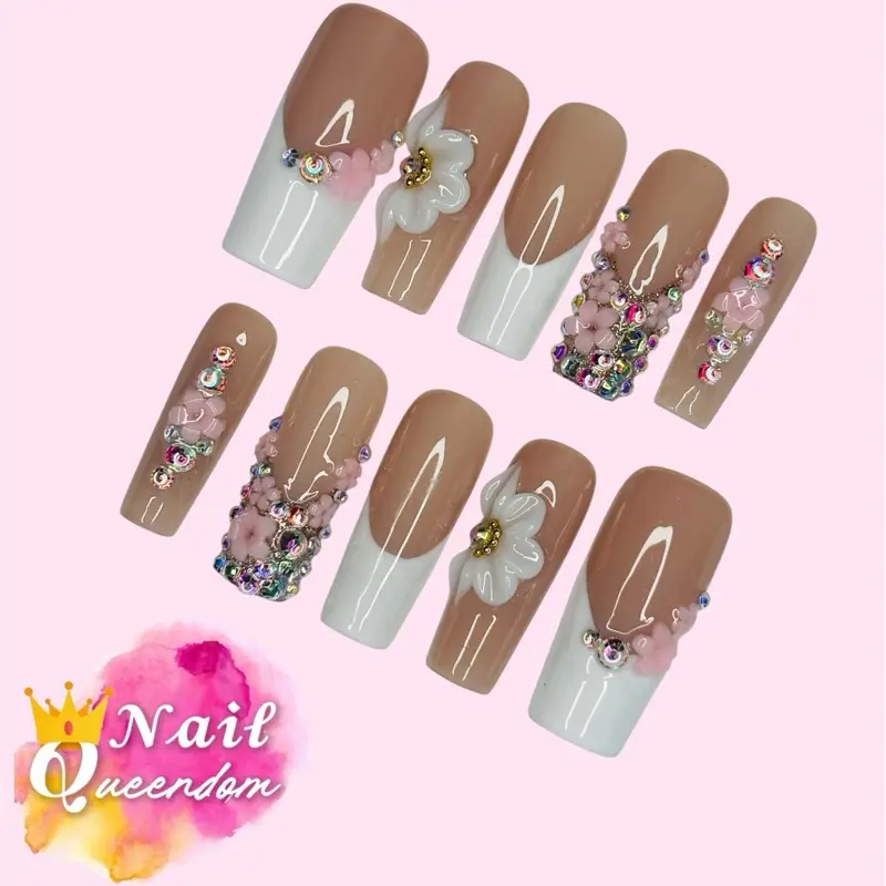 Nail Queendom [FRENCH BOUQUET] Handcrafted 3D Press-On Nails Reusables Long Lasting Salon Quality Easy Application 10 Pieces Set Eco-Friendly 3D-gel Finish