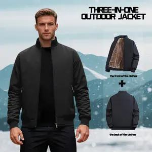 Men's Fleece-Lined Winter Bomber Jacket, Black Warm Quilted Coat with Ribbed Trim and Zipper Pockets, Cold-Resistant Casual Jacket