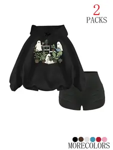 Women's Fall Winter Hooded Sweatshirt Set, Ghost Plant Print, Casual Fitted Design, Perfect for Halloween & Daily Wear