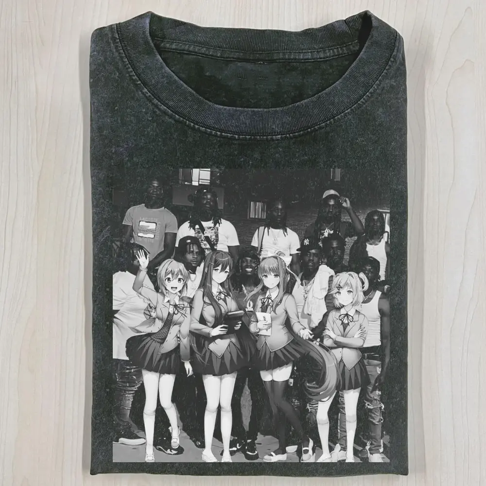 Doki Doki Literature Club T Shirt, DDLC Crossover Meme Tee, Dark Anime Graphic, Acid Wash Oversized Streetwear, Viral TikTok Merch