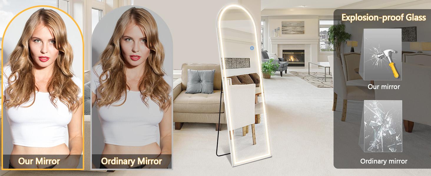 LED Full Length Mirror, Freestanding, Wall-Mounted & Leaning Floor Mirror with Dimmable Brightness and 3 Color Lighting for Bedroom, Dressing Room&Bathroom