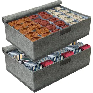 Gray Sock Organizer Divider 2 Pack with Lid - 30 Cell Foldable Closet Storage, Tie Organizer For Men Boxes for Socks, Ties, Belts