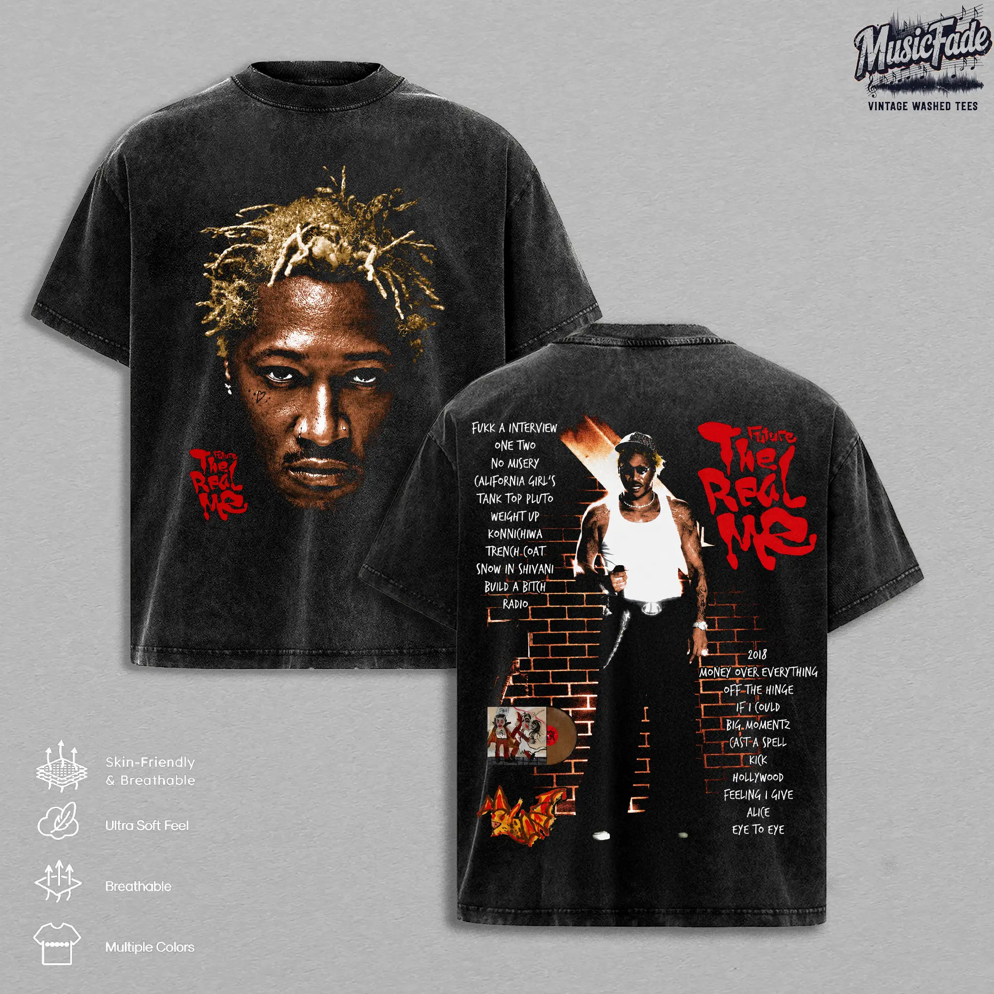 Future The Real Me Vintage Washed T-Shirt, The Real Me 2026 Album Graphic Tee, Future Tenth Studio Album Heavy Cotton Acid Wash Oversized Shirt, Double Sided Hip Hop Rap Streetwear Y2K Vintage Tee, Unisex Fan Merch Gift
