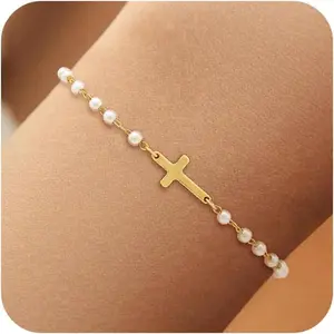 Gold Cross Bracelet for Women, Dainty 14K Gold Plated/Silver Plated Charm Bracelet Stack Trendy Pearl Bead Knot Cross Chain Bracelet Religious Christian Baptism Gifts Jewelry Christmas