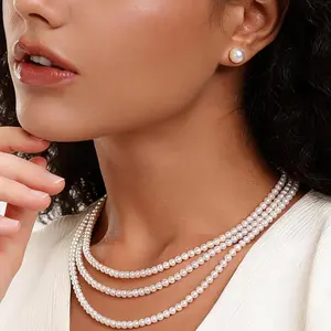 Regent Triple Strand Freshwater Pearl Necklace, Luminous Three Row Layered Choker, Classic Multi Strand Pearl Collar